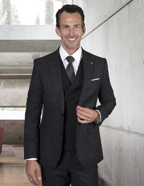 Men's charcoal plaid wool suit with notch lapel. Includes double-breasted vest, jacket, and trousers.