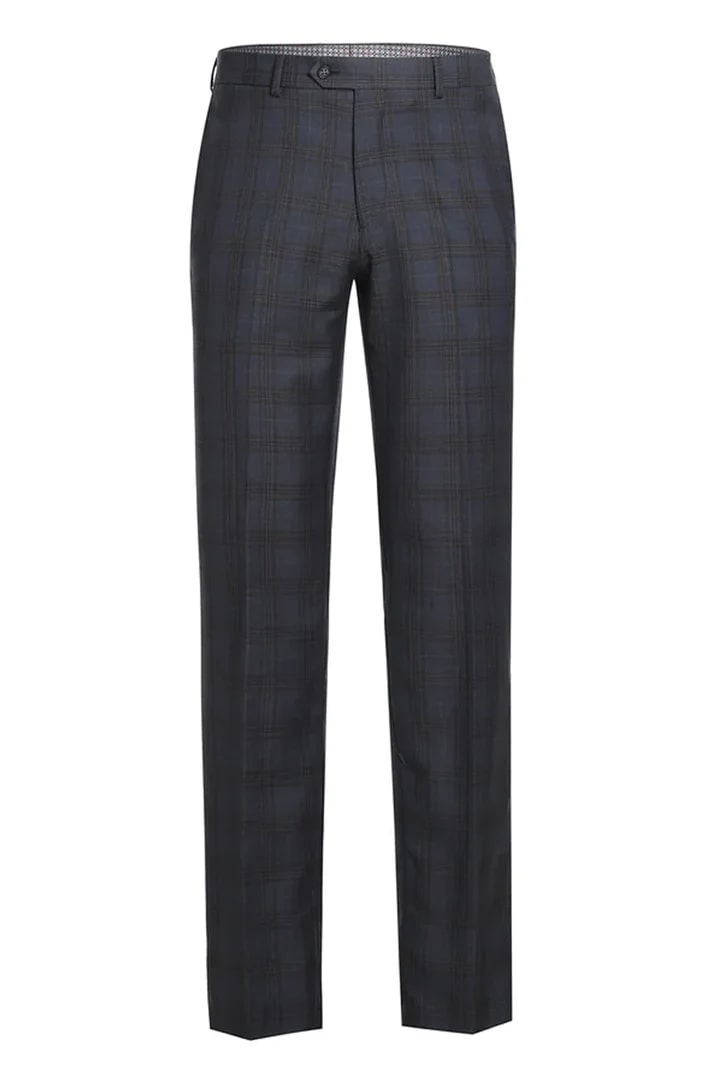 Mens Plaid Suit - Patterned Business Suit -Mens Designer Two Button Slim Fit Notch Lapel Suit In Grey & Tan Windowpane Plaid