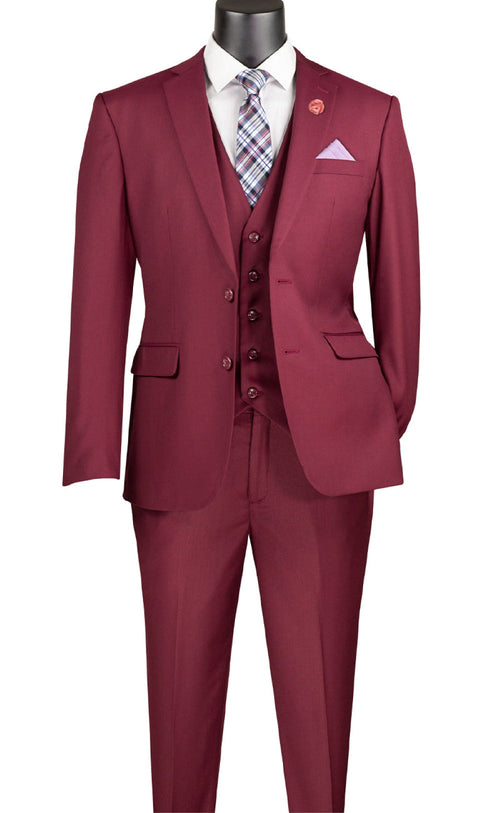 Slim Fit Business Men's Suit 3 Piece 2 Button in Burgundy