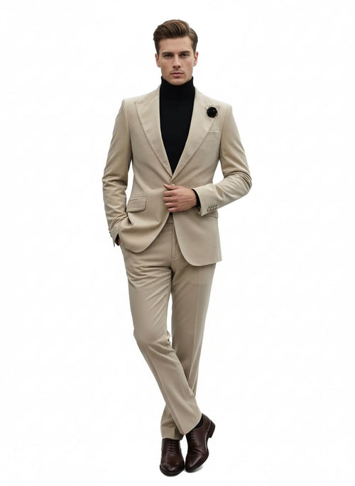 Men's sand beige velvet tuxedo suit: slim-fit blazer with notched lapel and single button, matching tailored pants with straight leg. Soft, textured fabric for a formal, natural look.