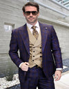 Cobalt Blue Suit - Men's One Button Peak Lapel Wool Vested Windowpane Plaid Sapphire Suit