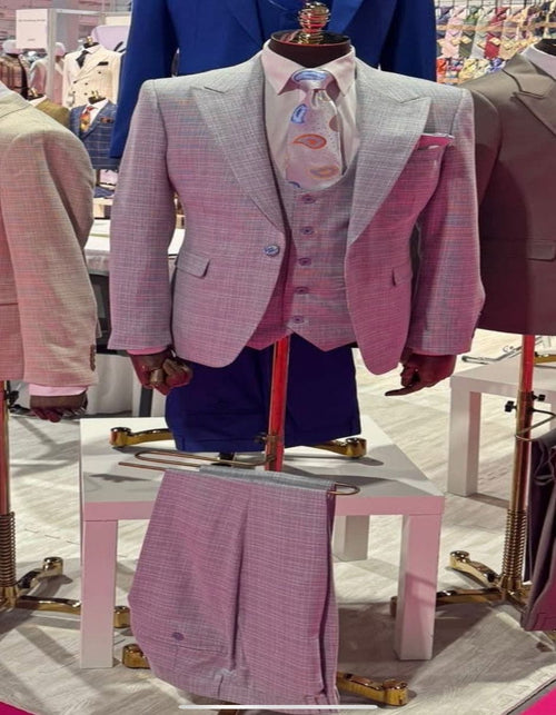 Rossiman Sharkskin Gray Plaid Suit – Double-Breasted Windowpane Suit for Men