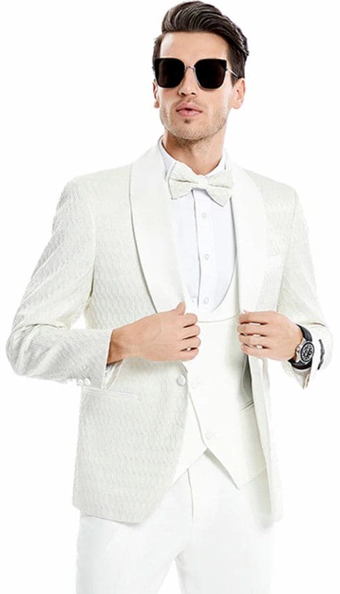 Mens One Button Vested Solid Shawl Collar Wedding and Prom Tuxedo in Ivory