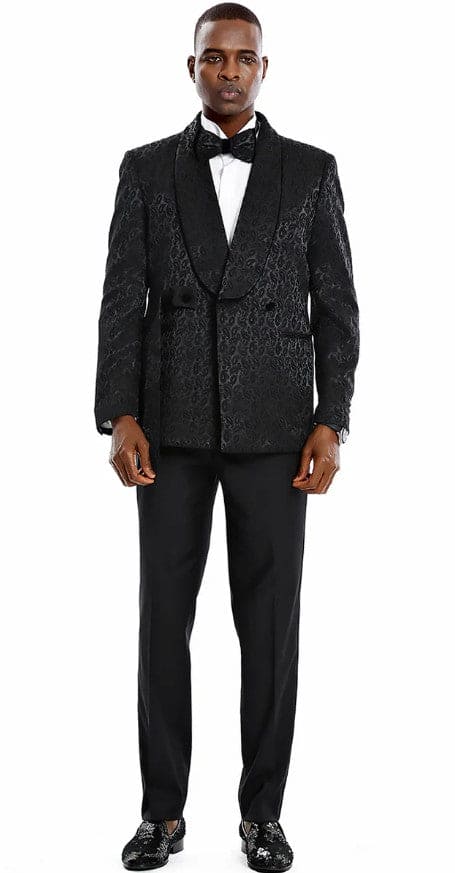 Mens Slim Fit Double Breasted Skinny Fit Prom and Wedding Tuxedo Black Paisley