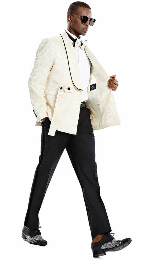 Mens Slim Fit Double Breasted Skinny Fit Prom and Wedding Tuxedo Champagne Tan Paisley