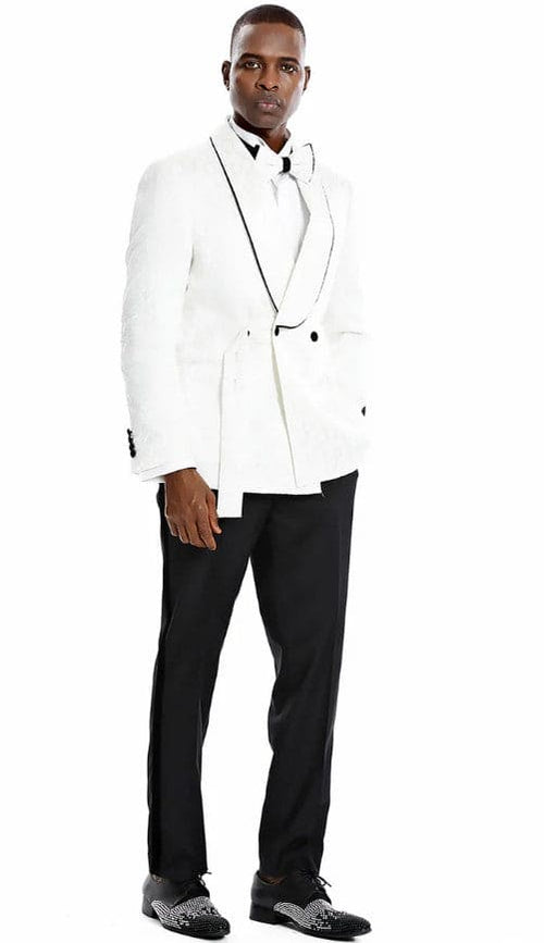 Mens Slim Fit Double Breasted Skinny Fit Prom and Wedding Tuxedo White and Black Paisley