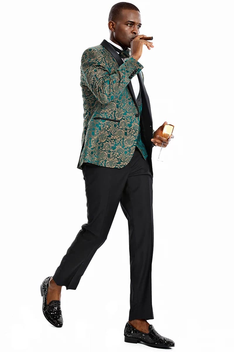 Mens One Button Vested Prom and Wedding Shawl Tuxedo in Green and Gold