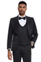 Men's paisley tuxedo with shawl lapels. Features a black paisley pattern, double-button vest, and a glossy finish. Tailored fit for a sleek, formal look. Includes a white shirt & bow tie.