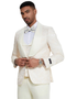 Ivory paisley tuxedo with shawl lapel. Men's designer formal wear, perfect for weddings or proms. Features a single-button closure, matching vest, and textured fabric details. Classic fit.