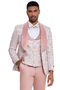 Men's light pink tuxedo with paisley shawl lapel. Includes matching vested shirt and pants. Perfect for formal events.