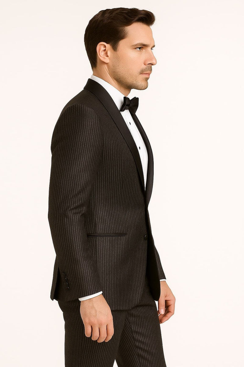 Men's black glitter tuxedo: satin shawl lapel, fitted, single-breasted. Glittery fabric with vertical stripes. Jacket: 2 pockets, 3-button cuffs. Matching trousers.