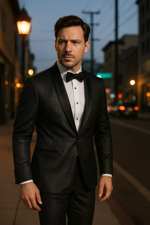 Men's black glitter tuxedo with satin shawl lapel and vertical stripes. Single-breasted design, includes white shirt and black bow tie, fitted silhouette.