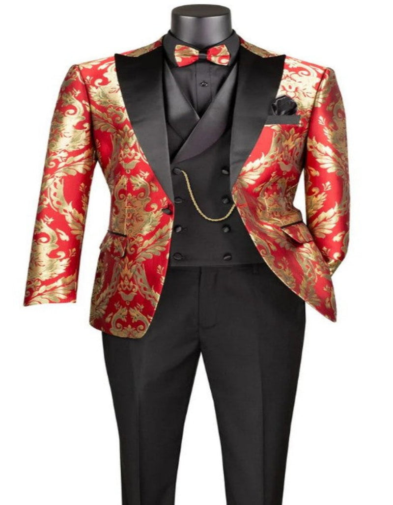 Mens Shiny Paisley Vested Wedding and Prom 2026 Tuxedo in Red and Gold