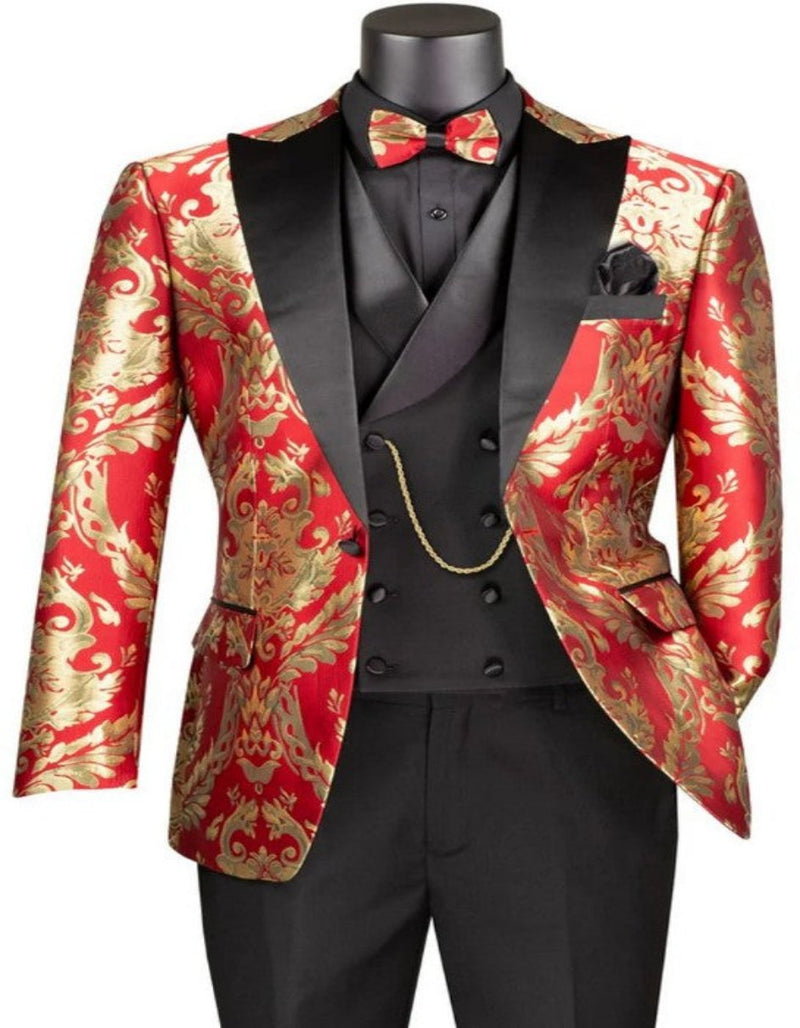 Mens Shiny Paisley Vested Wedding and Prom 2026 Tuxedo in Red and Gold