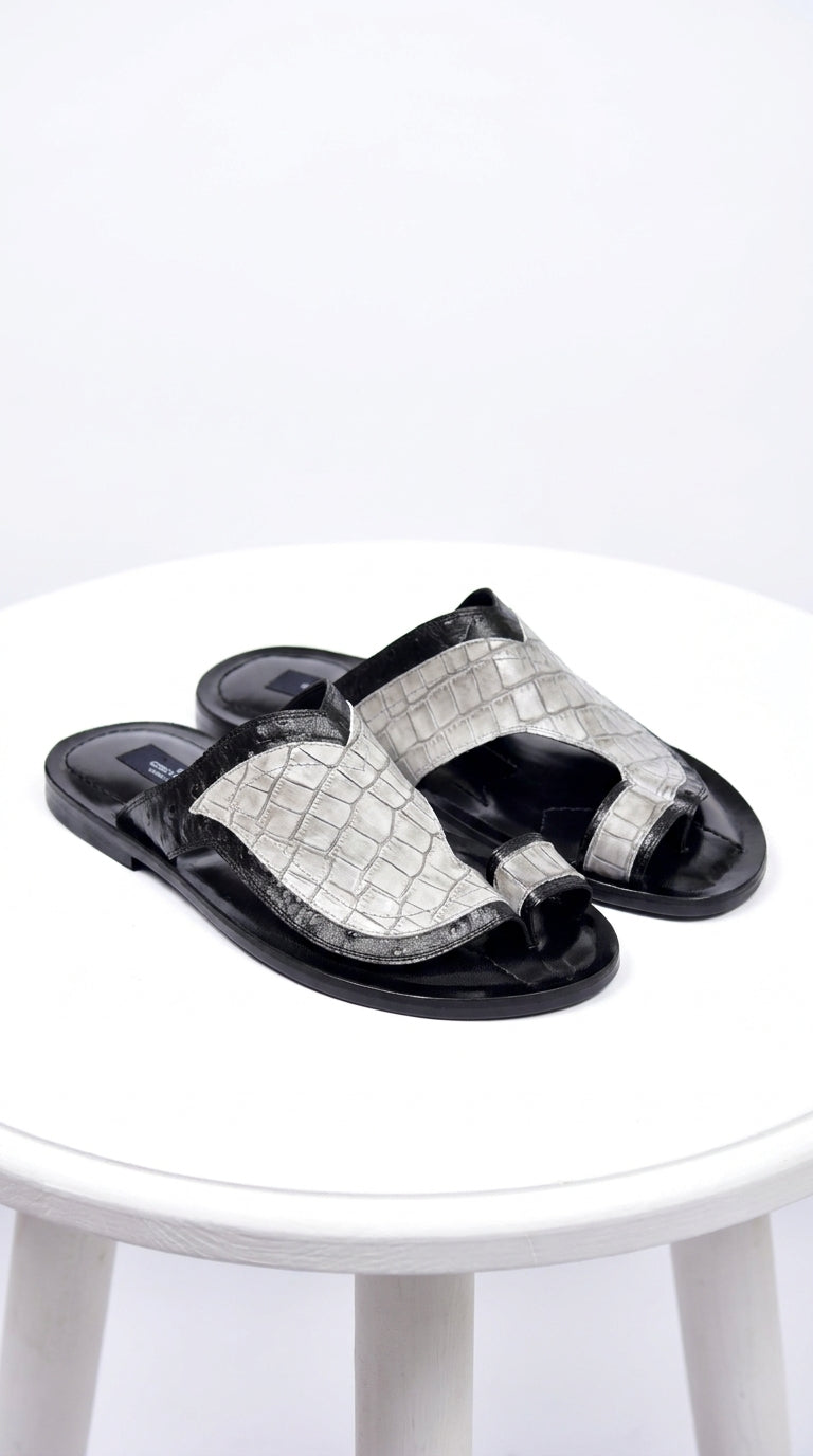 Corrente 5831 Men’s Exotic Crocodile Sandals – Black & Grey