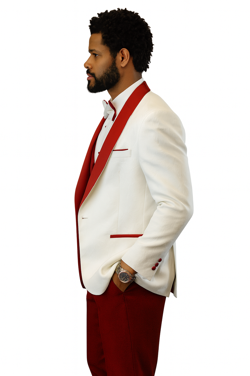Hilton's paisley tuxedo: white jacket with red shawl collar & piping, matching vest, and fitted wool pants. Classic elegance for a distinguished look.