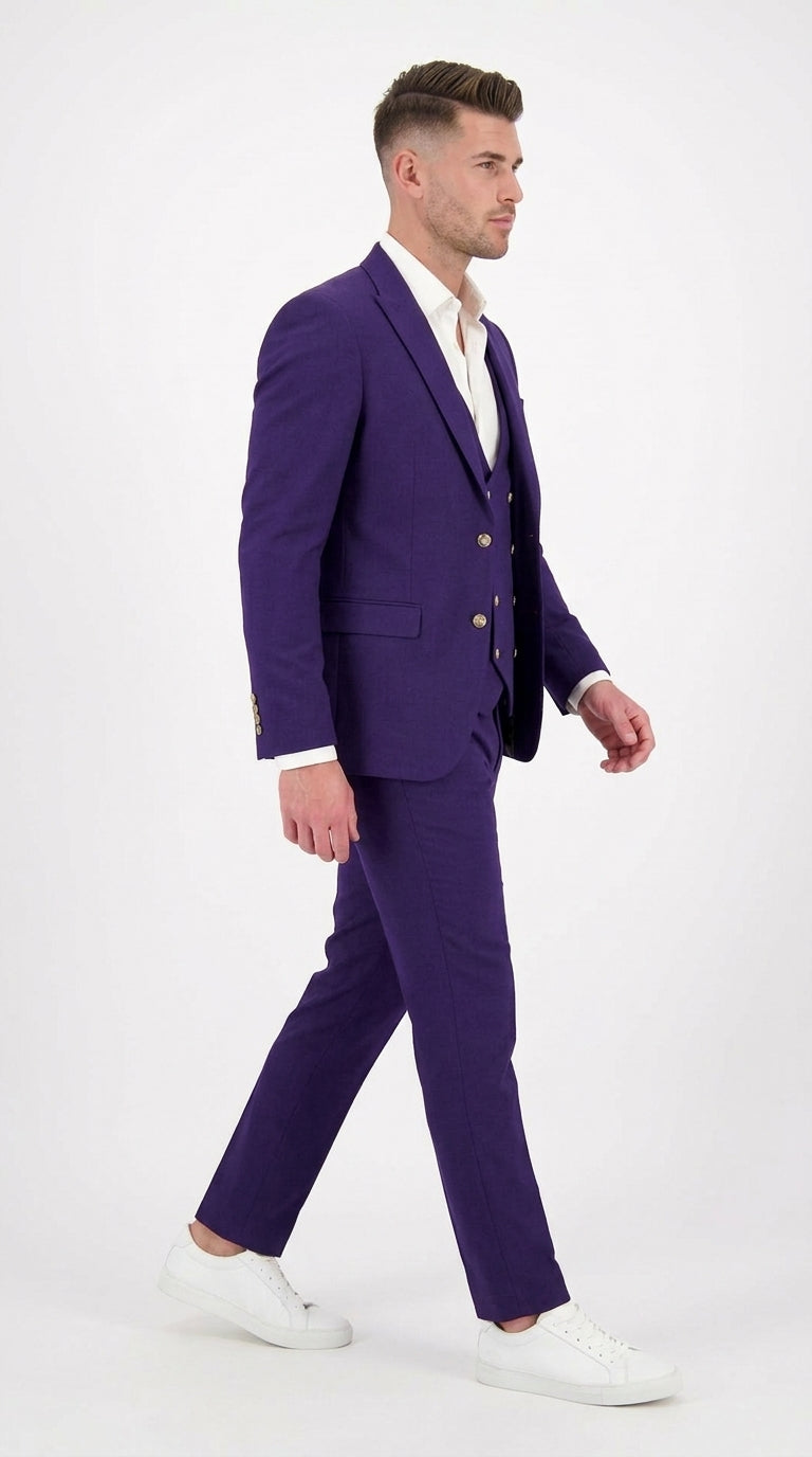 Men’s Purple and Gold 3 Piece Suit, Modern Fit Peak Lapel Wedding Prom Dress Suit