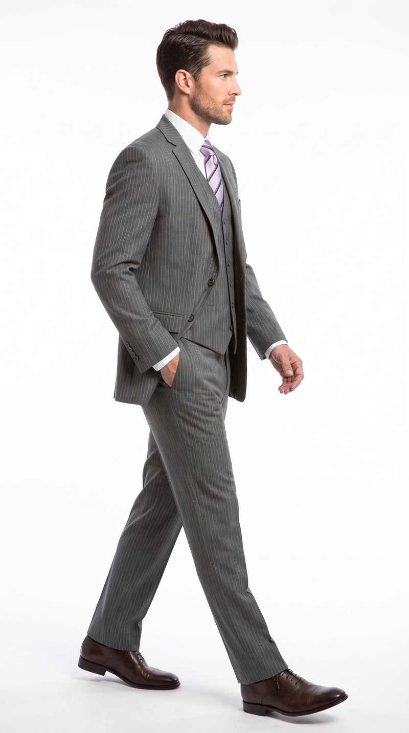 Men's Light Grey Pinstripe 3-Piece Vested Business Suit – Classic Two-Button Charcoal Gray Striped Formal Suit
