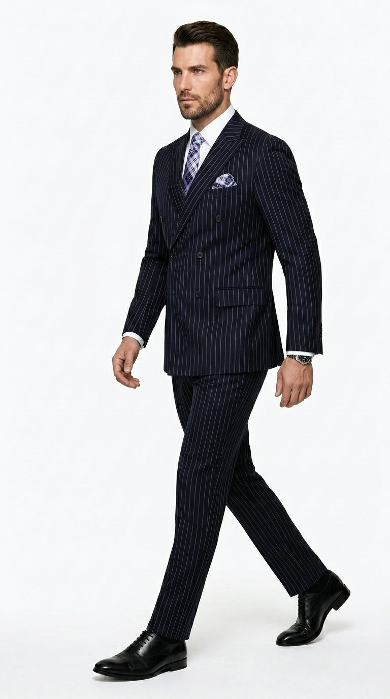 Men’s Navy Pinstripe Double Breasted Suit, Statement Formal Wedding Business Dress Suit