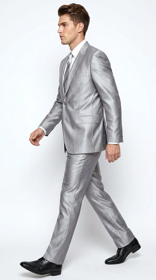 Men’s Silver Shiny Sharkskin 2 Button Suit, Peak Lapel Formal Wedding Prom Dress Suit Set