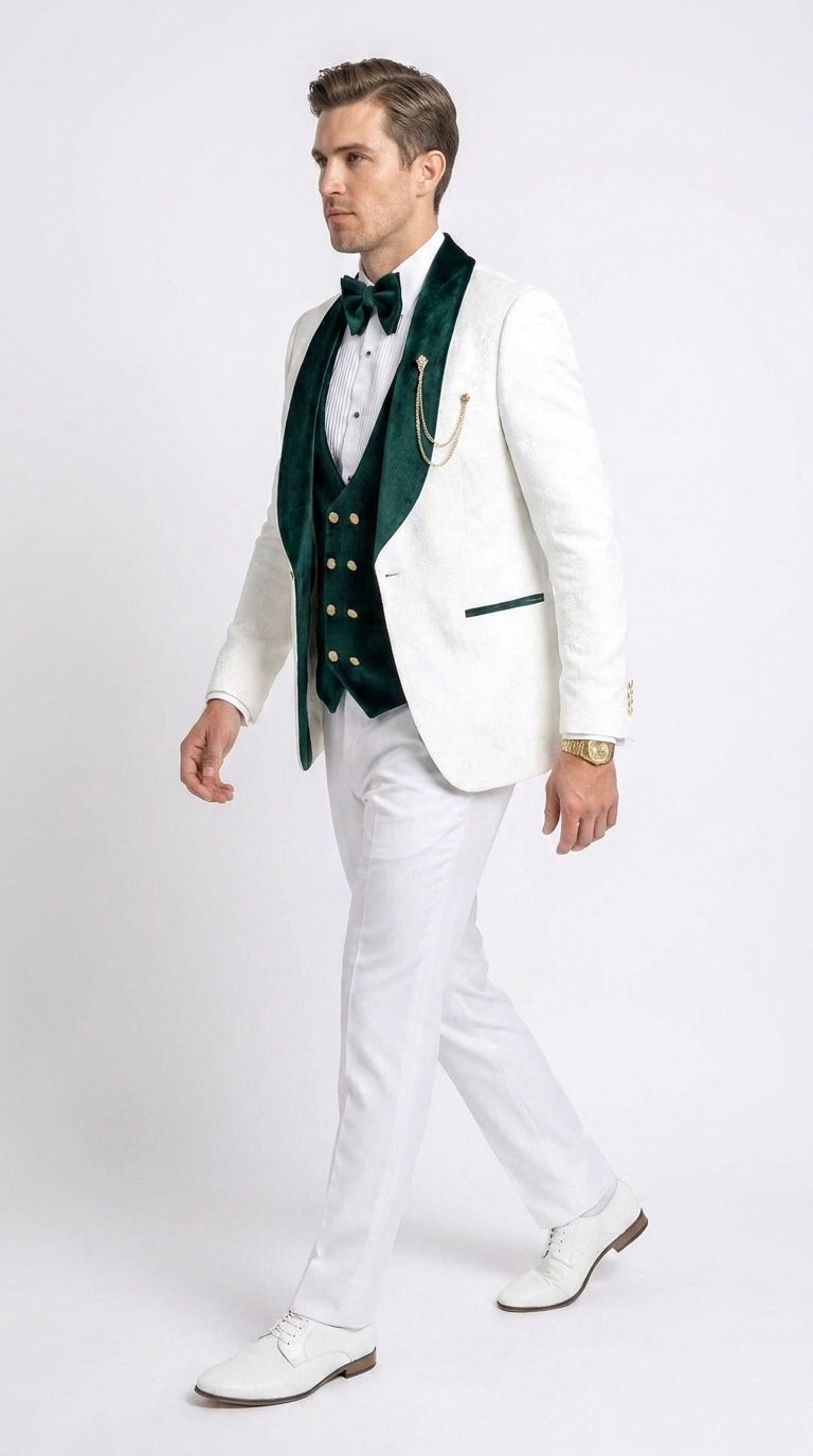 Men’s White and Dark Green 3-Piece Tuxedo – Groom Wedding and Prom Suit with Velvet Shawl Lapel