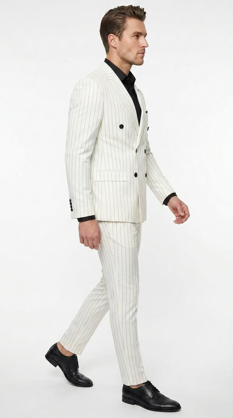 Men’s White Pinstripe Double Breasted Suit – Vintage 1920s 1940s Gangster Dress Suit