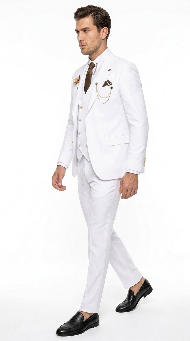 Men’s White and Gold Prom Tuxedo Suit with Double Breasted Vest, Formal Wedding Suit