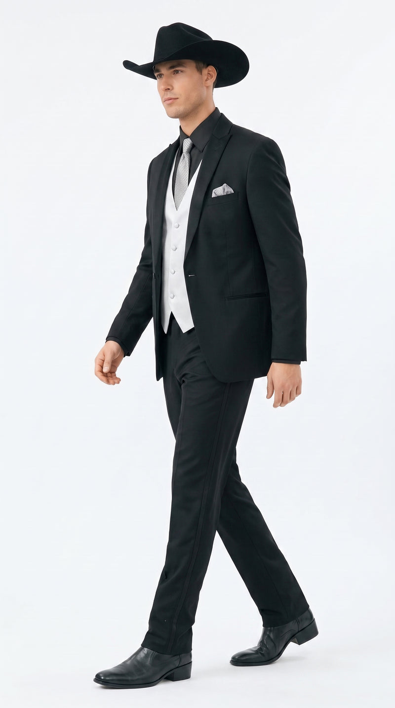 Men’s Black Country Wedding Tuxedo with Silver Vest, Western Formal Groom Suit