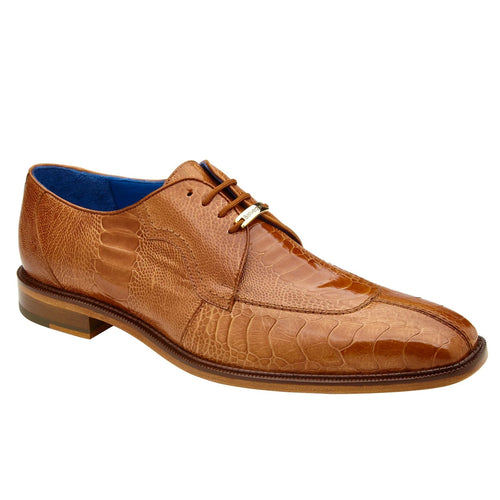 Men's Belvedere Siena moc toe dress shoe in burnt amber ostrich. Pointed toe, raised heel, and glossy, scaled leather. Lace-up with gold accent. Blue interior. Stacked wood sole.