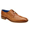 Men's Belvedere Siena moc toe dress shoe in burnt amber ostrich. Pointed toe, raised heel, and glossy, scaled leather. Lace-up with gold accent. Blue interior. Stacked wood sole.
