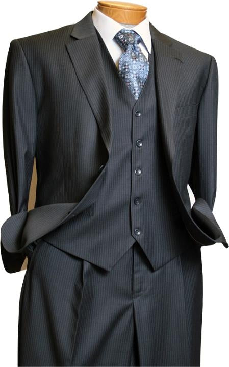 Signature Platinum Stays Cool Discounted Sale Men's 3 Piece Grey Pinstripe Italian Design three piece suit