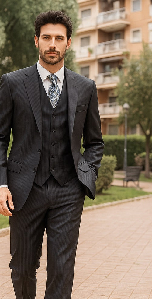Signature Platinum Stays Cool Discounted Sale Men's 3 Piece Grey Pinstripe Italian Design three piece suit
