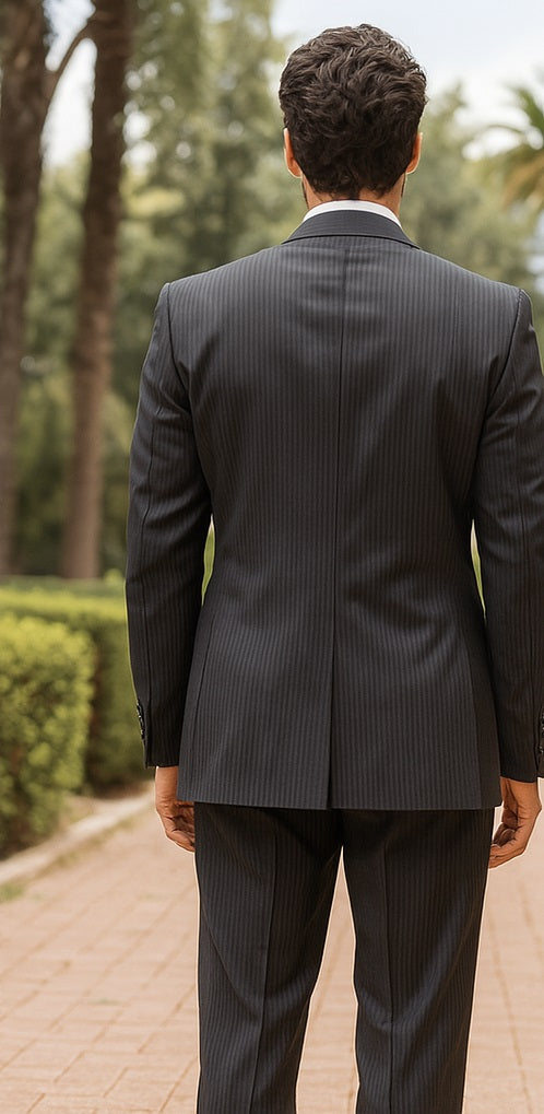 Signature Platinum Stays Cool Discounted Sale Men's 3 Piece Grey Pinstripe Italian Design three piece suit