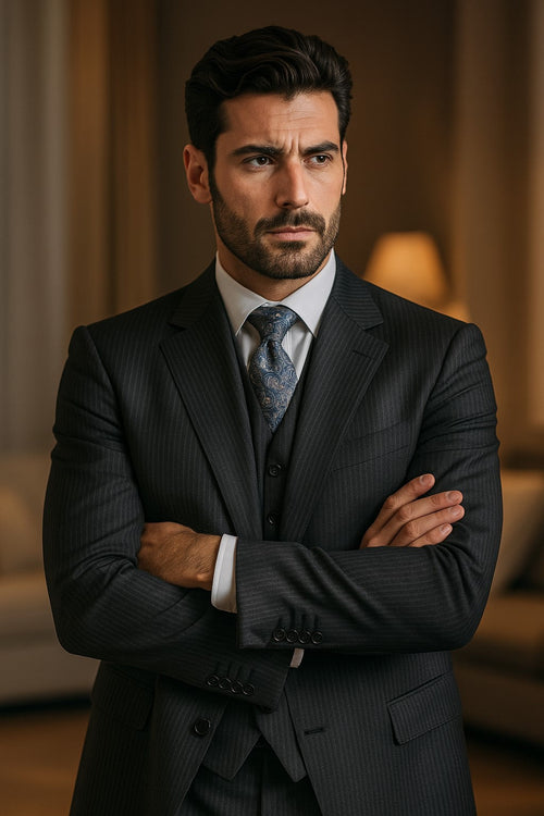 Signature Platinum Stays Cool Discounted Sale Men's 3 Piece Grey Pinstripe Italian Design three piece suit