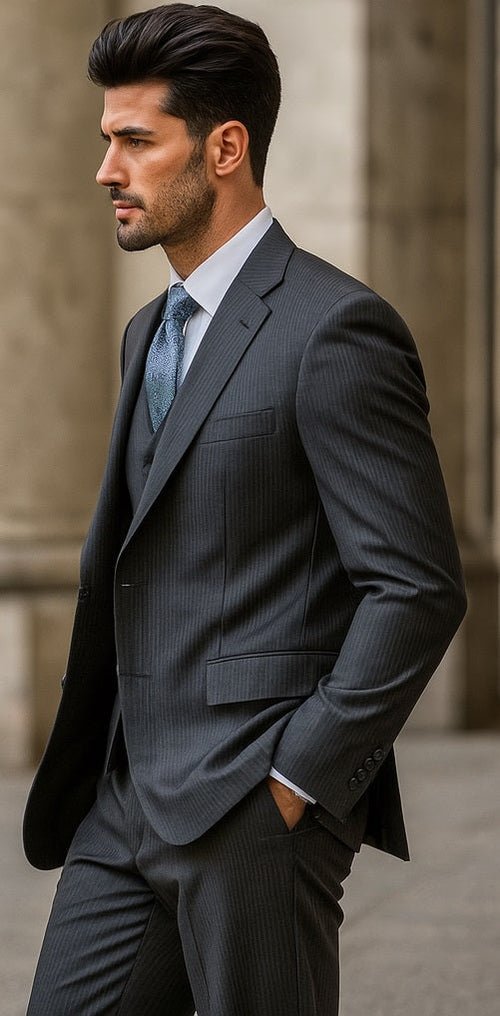 Signature Platinum Stays Cool Discounted Sale Men's 3 Piece Grey Pinstripe Italian Design three piece suit