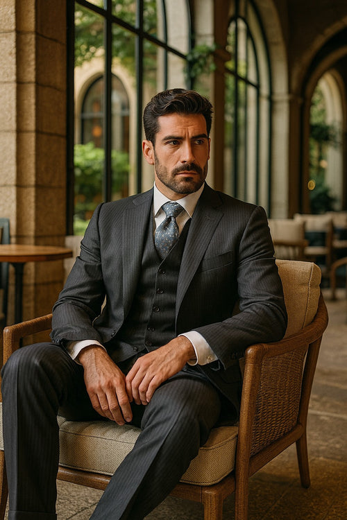 Signature Platinum Stays Cool Discounted Sale Men's 3 Piece Grey Pinstripe Italian Design three piece suit