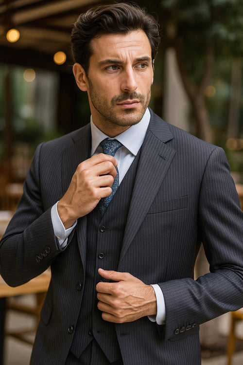 Signature Platinum Stays Cool Discounted Sale Men's 3 Piece Grey Pinstripe Italian Design three piece suit