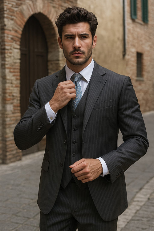 Signature Platinum Stays Cool Discounted Sale Men's 3 Piece Grey Pinstripe Italian Design three piece suit