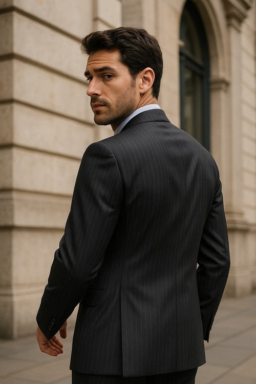 Signature Platinum Stays Cool Discounted Sale Men's 3 Piece Grey Pinstripe Italian Design three piece suit