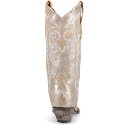 Dan Post Women's Frost Bite boots: Glacial silver finish, snip toe, decorative shaft pattern on metallic background. Stacked wood-like heel.