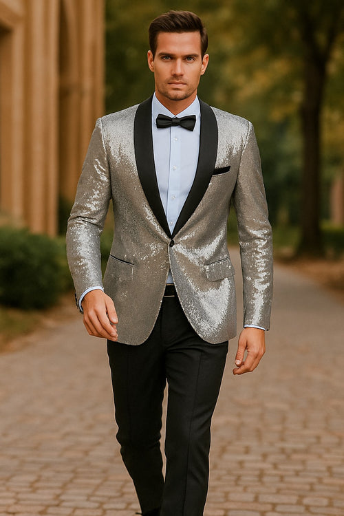 Silver Grey Sequin Blazer - Mens Shiny Sport Coat - Party Jacket - Prom Tuxedo $189