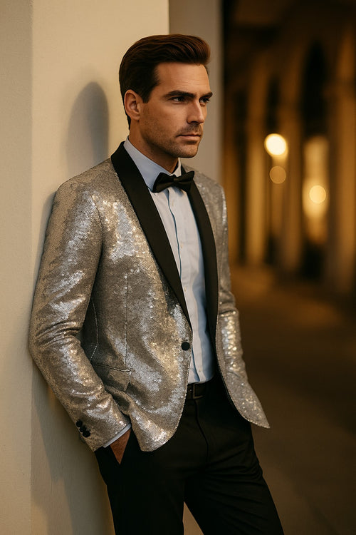 Silver Grey Sequin Blazer - Mens Shiny Sport Coat - Party Jacket - Prom Tuxedo $189