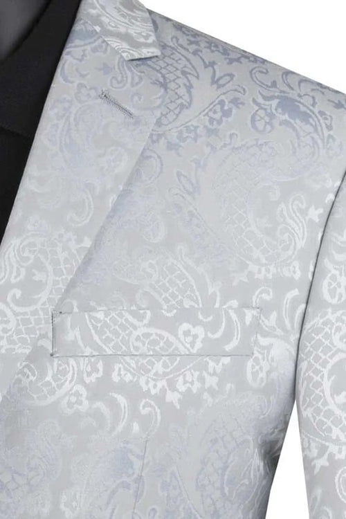 Mens Slim Fit Shiny Paisley Prom and Silver Grey Wedding Suit