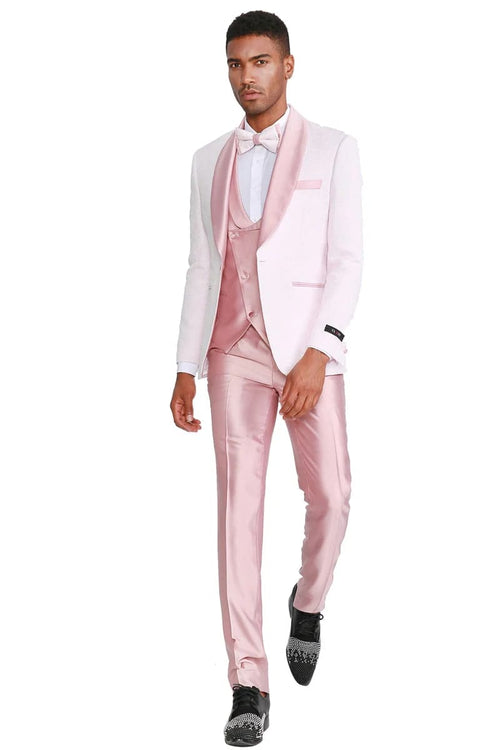 Mens One Button Prom and Wedding Tuxedo with Satin Vest and Pants in Pink