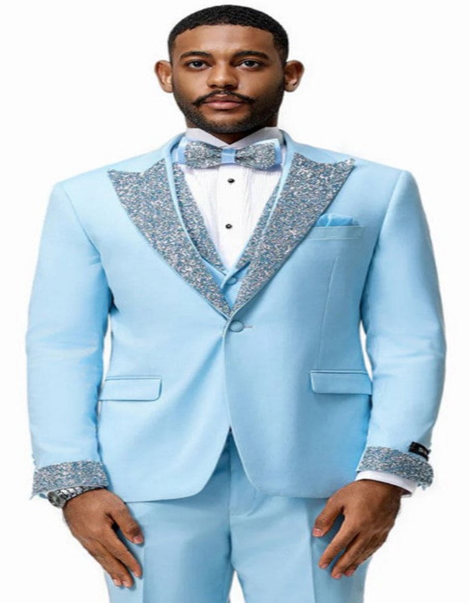 Sateen Fabric Suit - Shiny Tuxedo - Prom Suit - Groom Tuxedos - Sky Blue main image 0