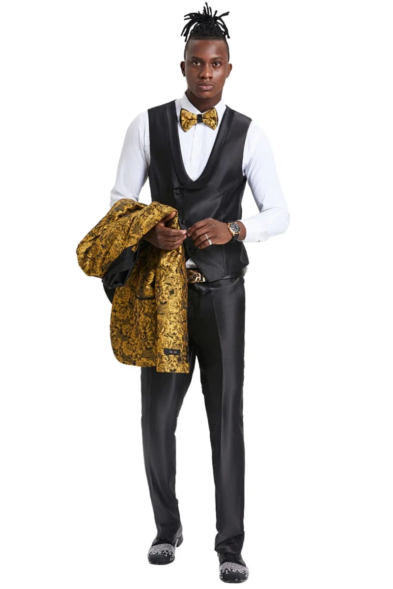 Mens One Button Slim Fit Paisley Skinny Fit Pant Vested Prom Tuxedo in Gold and Black
