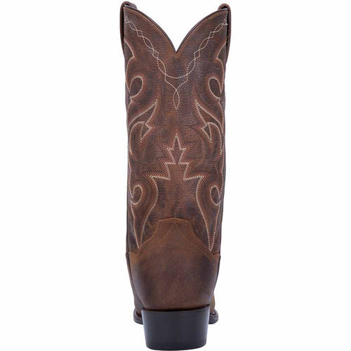 Dan Post Men's Renegade Bay Apache cowboy boot: 13" dark brown leather, snip toe, intricate stitching. Low stacked heel. Back: smooth leather with decorative stitching.