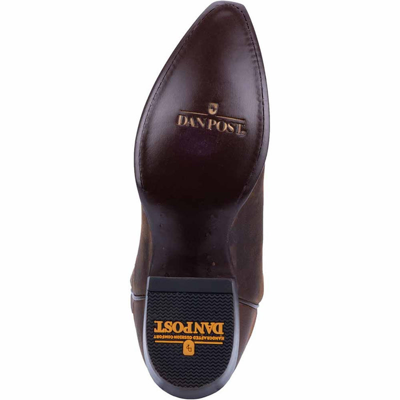Dan Post Renegade Bay Apache cowboy boots. Men's 13" snip toe, dark brown leather with a smooth finish. Branded sole with rubber tread for grip.