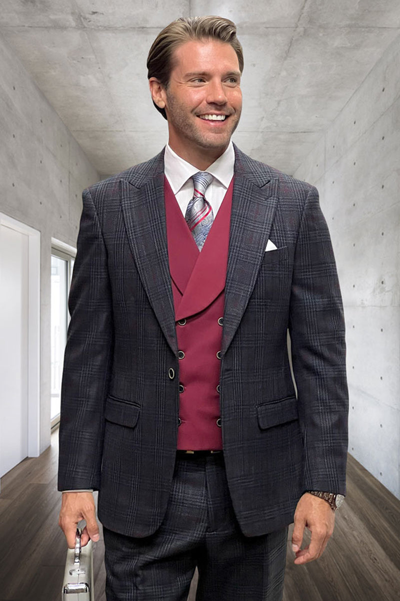Men's black glenplaid wool suit with a tailored fit. Includes a double-breasted burgundy vest and contrasting white shirt. Features textured fabric, checkered pattern, and front pockets, ideal for formal events.