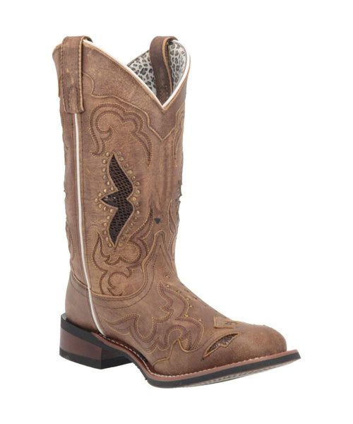 Laredo Spellbound boot: Distressed brown leather, tall slouch shaft, pointed toe, stacked heel. Decorative stitching, cutouts, white piping. Leopard print lining.